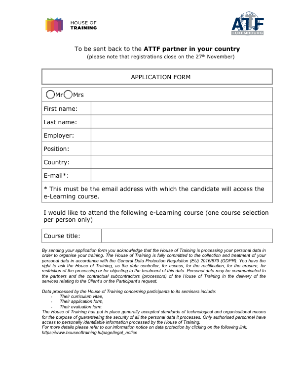 Application form - ATTF e-Learning Courses 2020